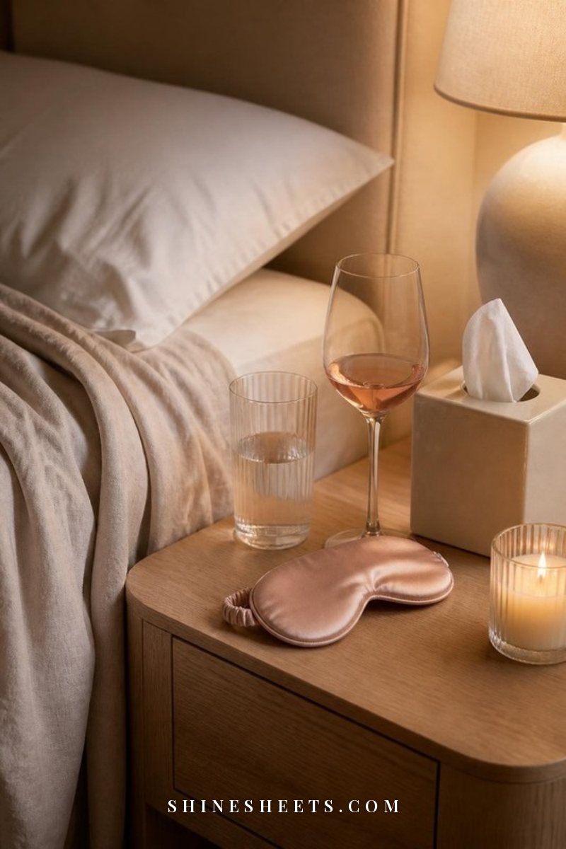 Light oak nightstand with a glass of water, a half-finished glass of rose wine, a blush silk sleep mask and a glass candle beside a cream linen bed