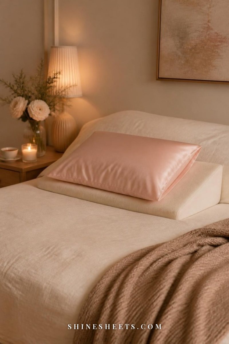 Neatly made cream bed with a gentle foam wedge pillow under a blush silk-covered pillow in soft evening light
