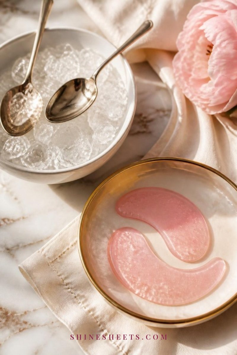 Two chilled silver teaspoons on crushed ice in a white bowl next to pink hydrogel under-eye patches on a cream linen napkin