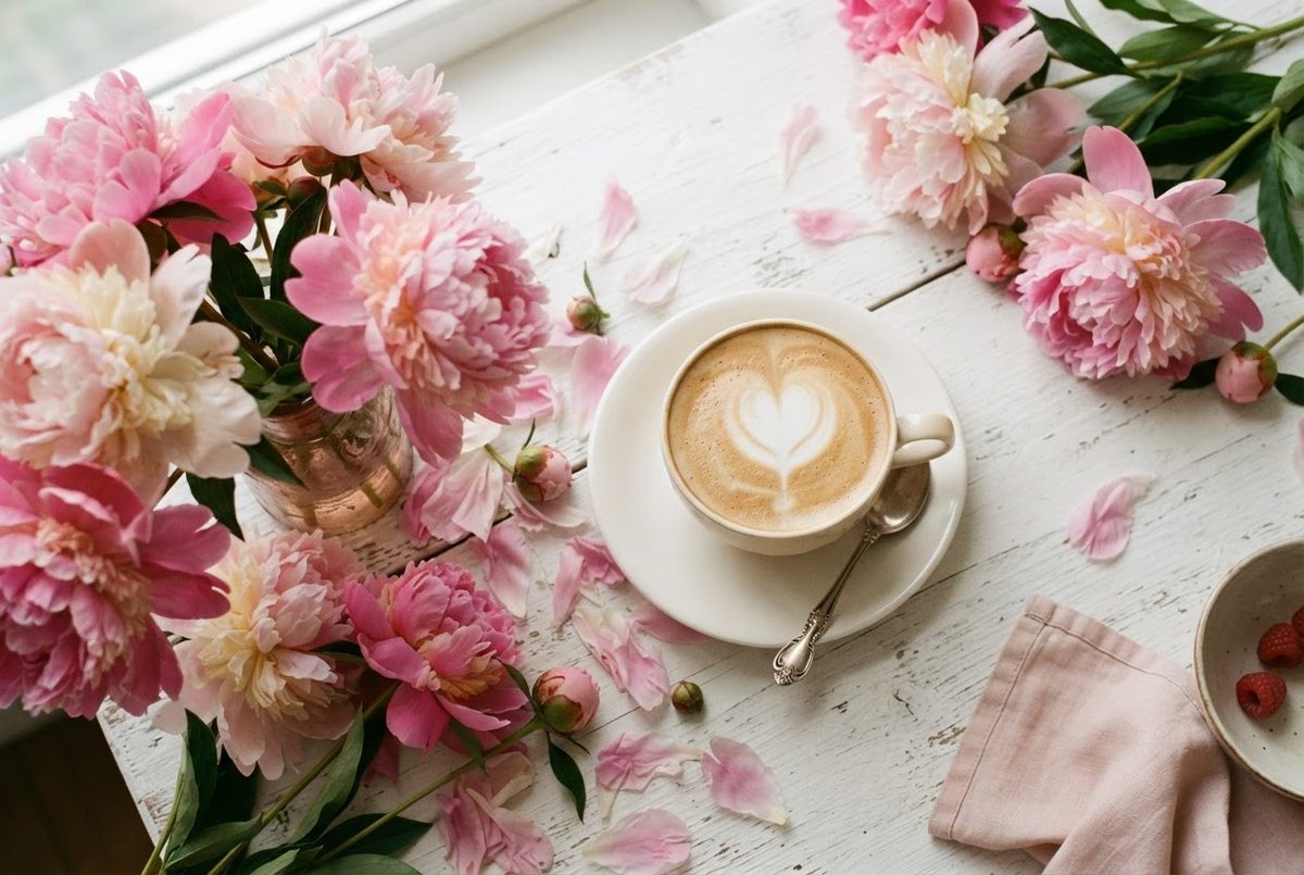 Cup of coffee surrounded by pink peonies and petals on a white table