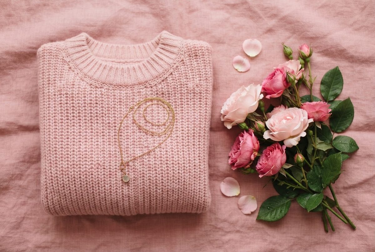 Pink knit sweater, a gold necklace and pink roses on a pink background