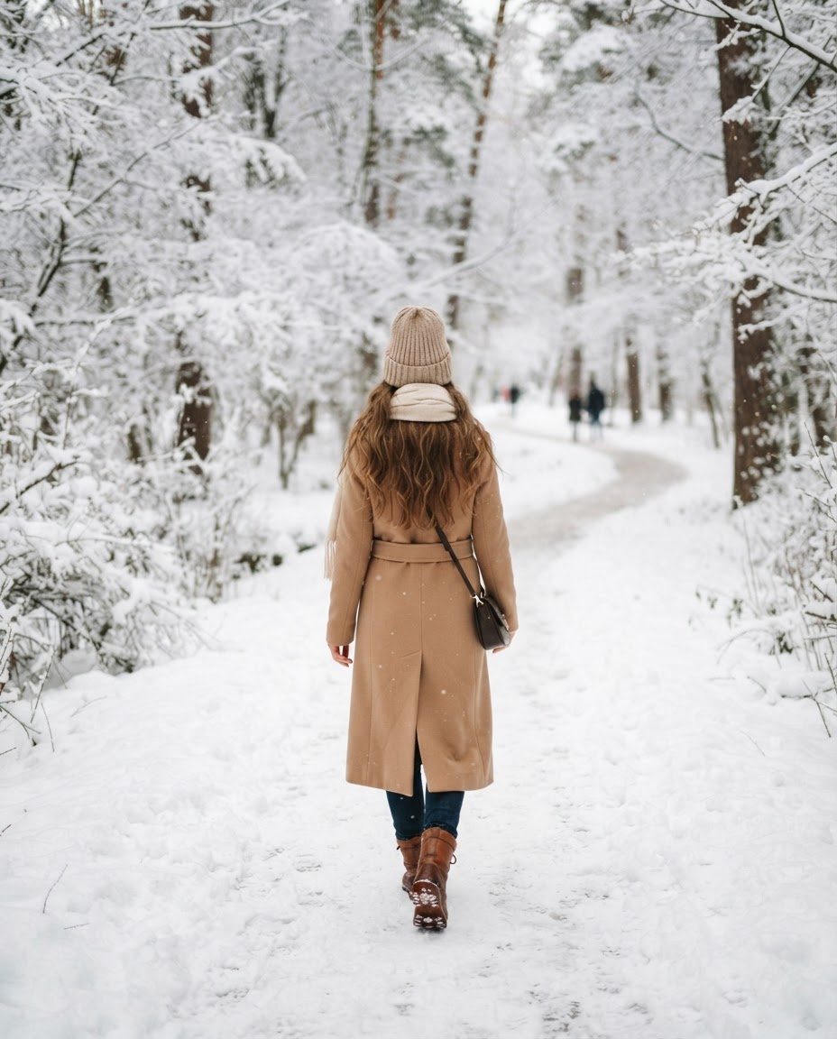 Woman in a camel coat and beanie seen from behind walking through a snowy park