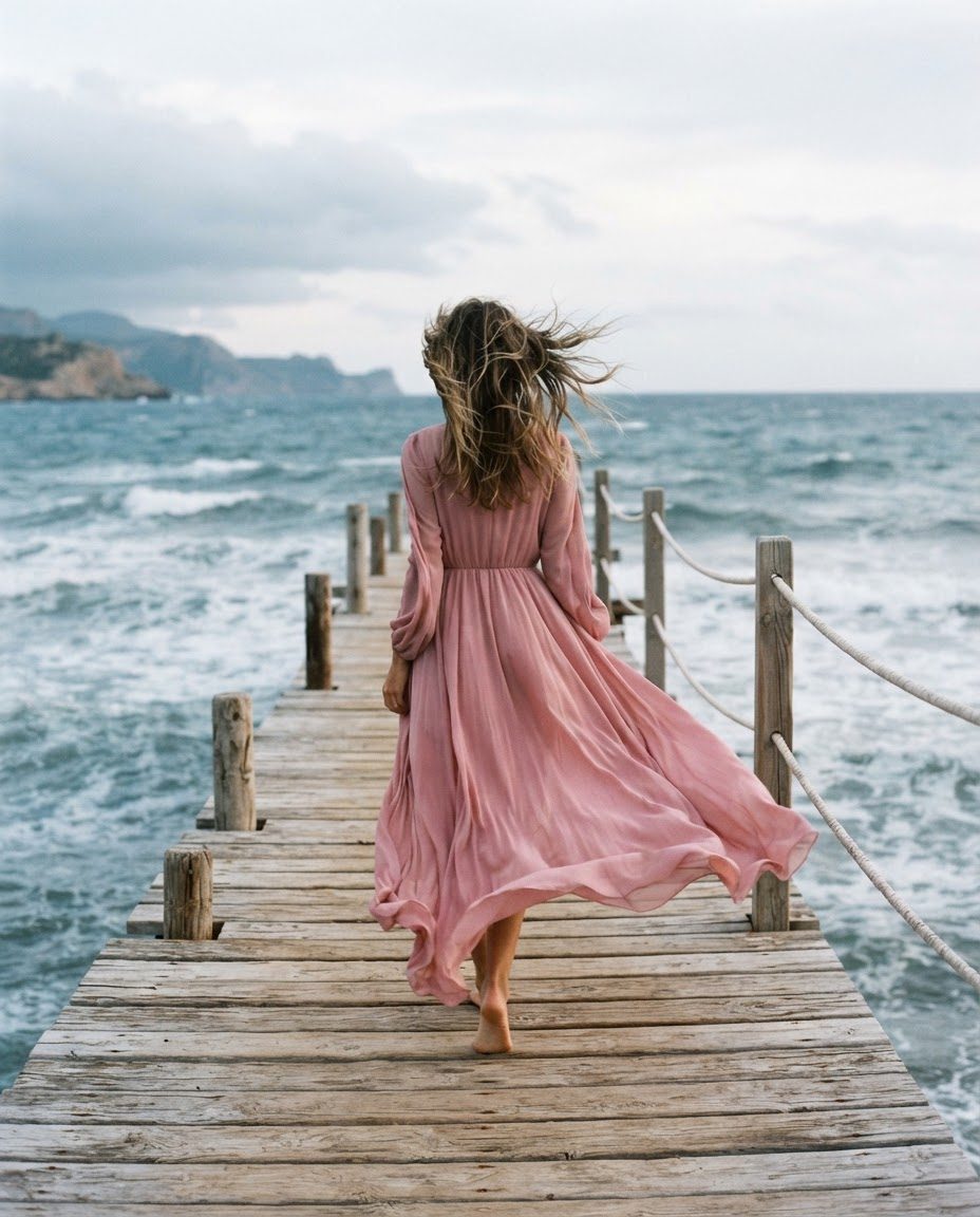 Woman in a long pink dress seen from behind walking on a wooden pier on a windy day