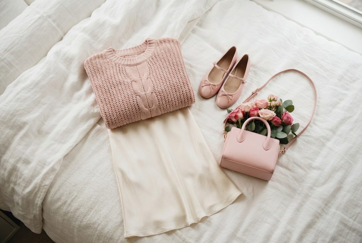 Women's blush pink knit sweater, a cream satin skirt, pink ballet flats and a pink handbag laid flat on a white bed