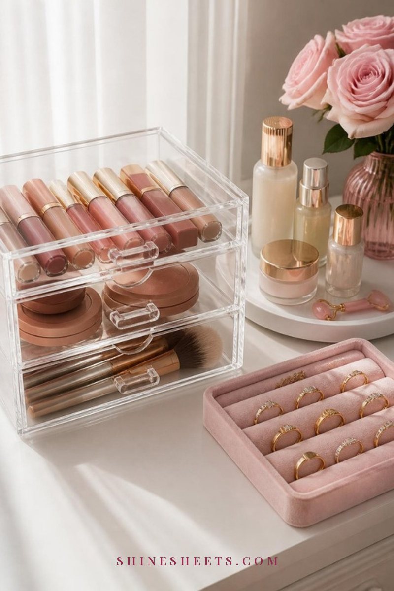 Clear acrylic makeup organizer drawers and a white turntable with skincare bottles on a clean white vanity surface