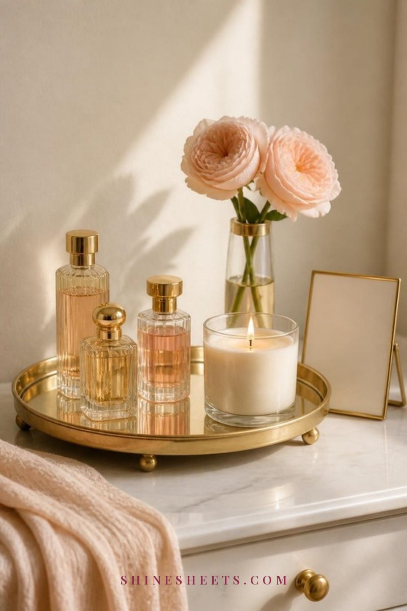 Gold vanity tray holding three perfume bottles, a white glass candle and a small bud vase with blush roses on a white vanity