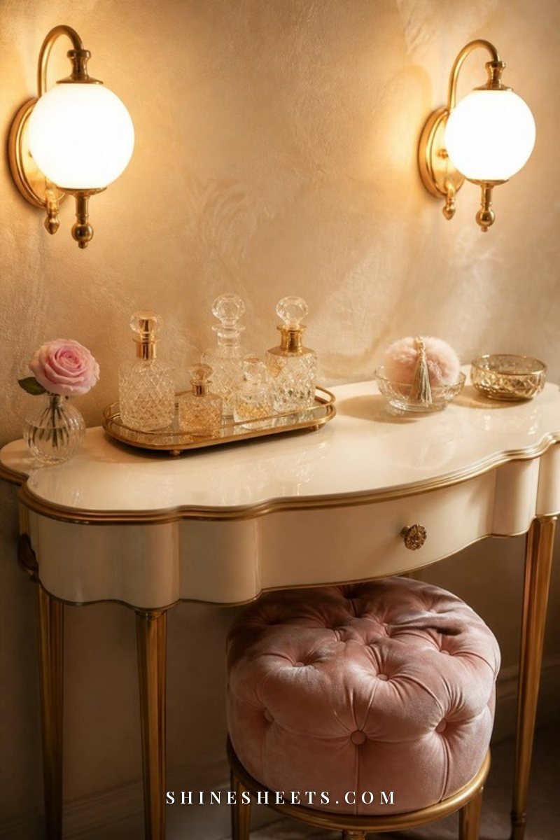 Old Hollywood style vanity with a curved white table, globe bulb sconces, a tufted blush velvet stool, a gold tray and crystal perfume bottles
