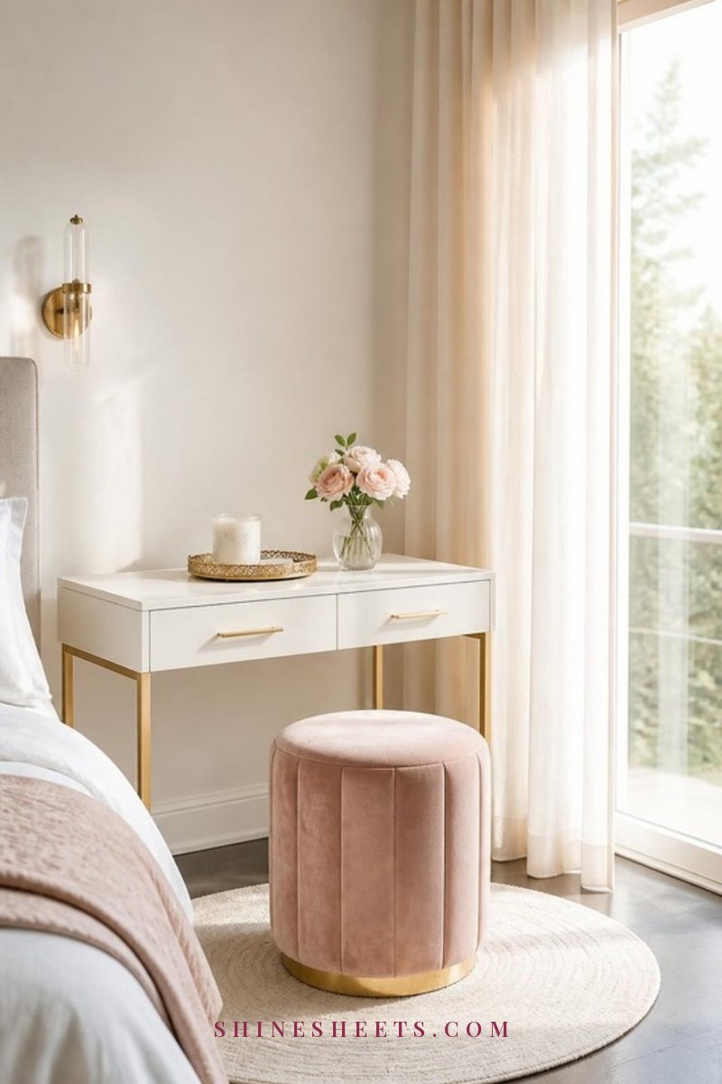 White vanity desk with a blush velvet stool tucked into a sunny bedroom corner beside a window with sheer cream curtains