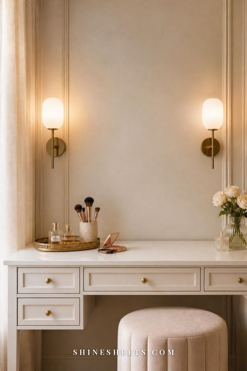 White vanity table lit by two frosted glass wall sconces at face height on a cream wall, with a gold tray and makeup brushes in a cup