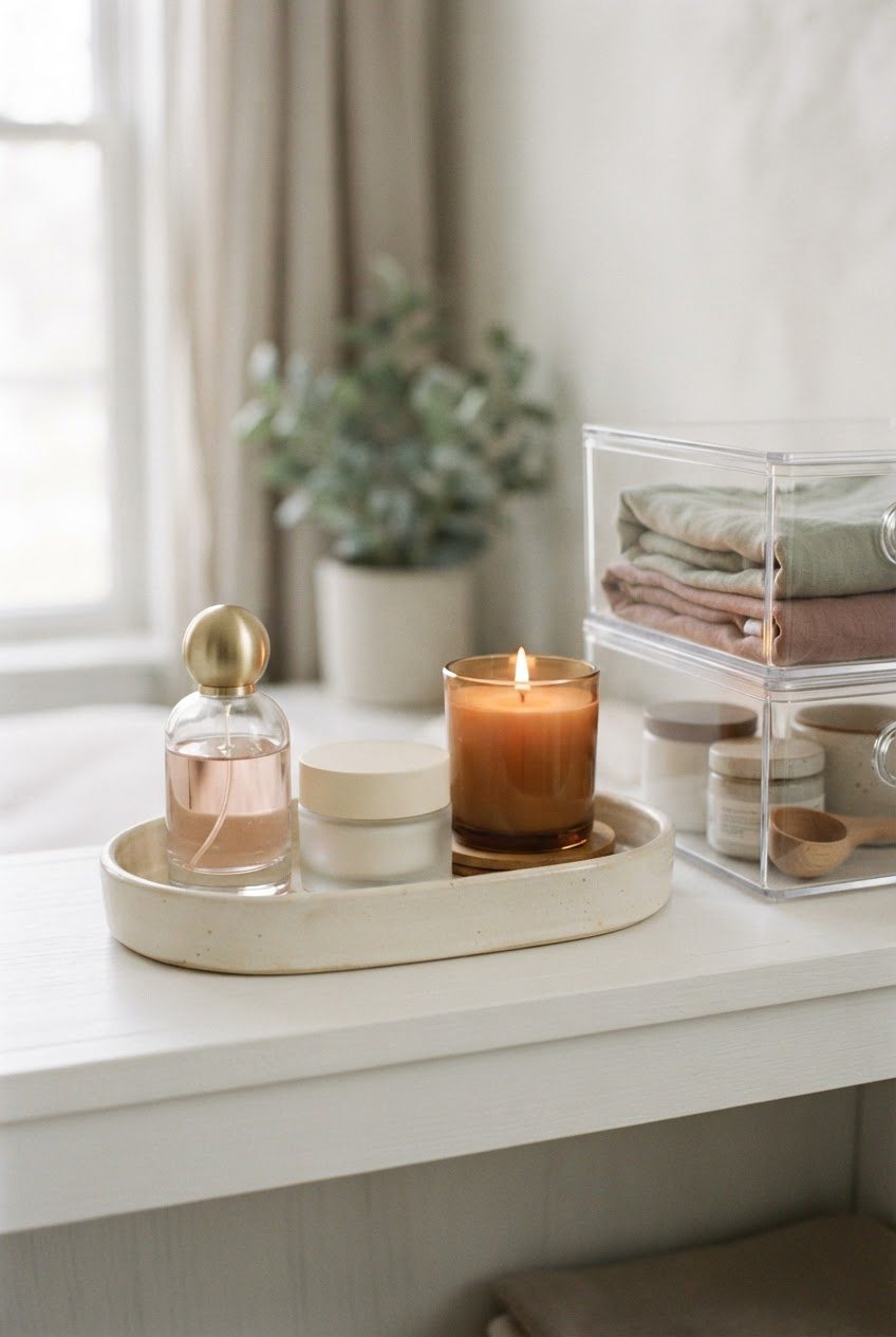 Cream ceramic tray holding a perfume bottle, a moisturizer jar and a glass candle next to labeled clear storage bins