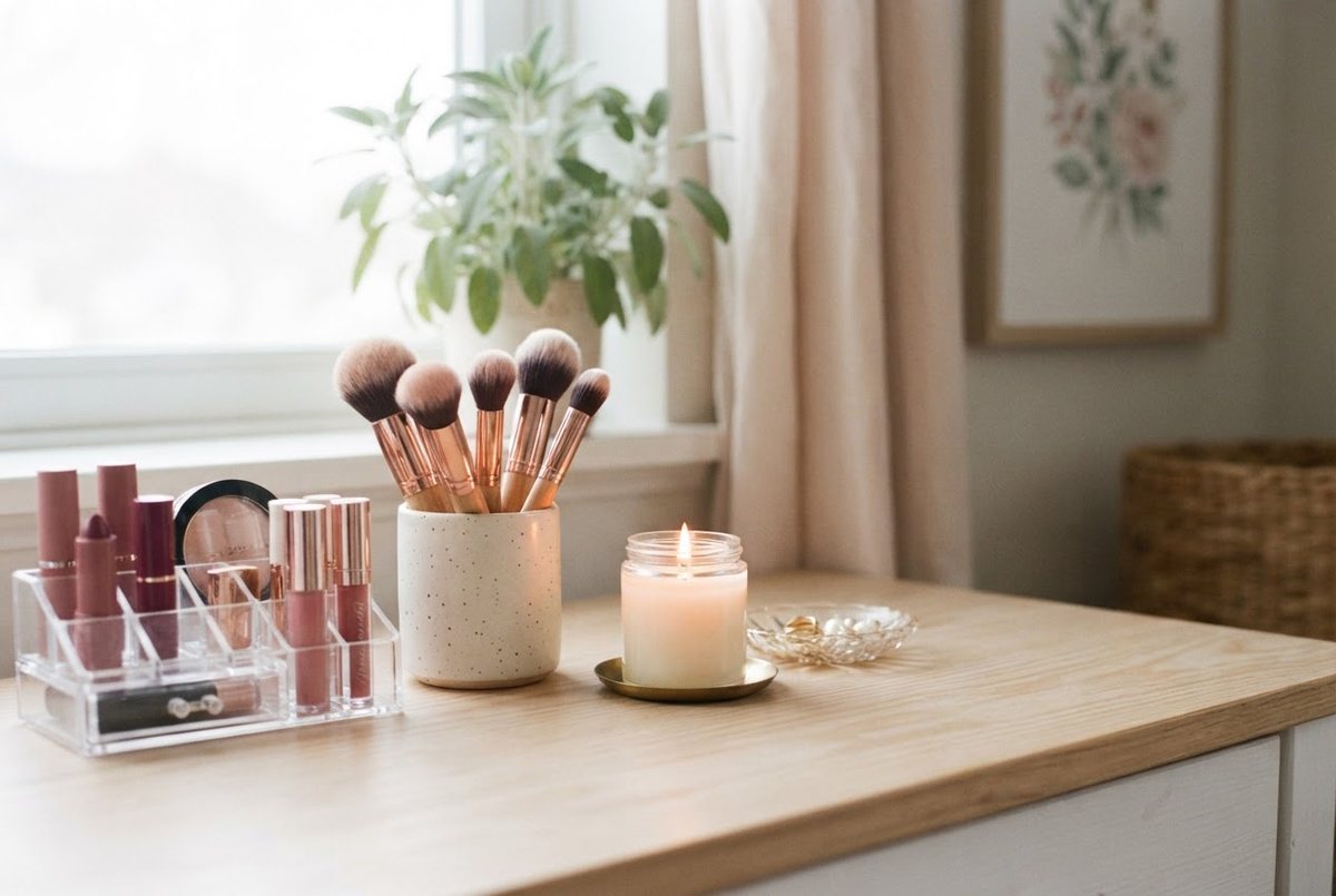 White vanity table with clear acrylic organizers, blush makeup brushes in a ceramic cup and a small glass candle in soft daylight