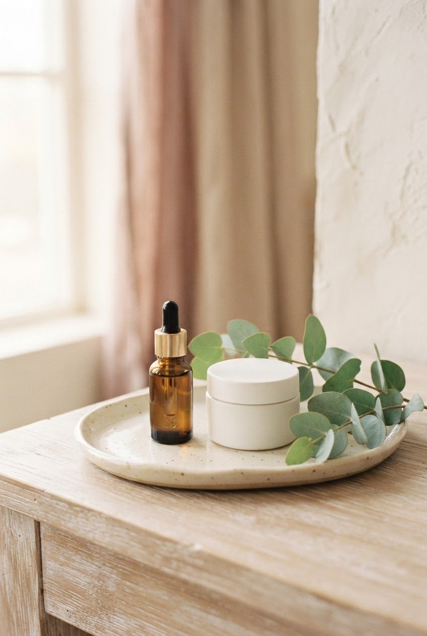 Small amber dropper bottle and an unlabeled white cream jar on a cream ceramic tray beside a sprig of eucalyptus in warm light