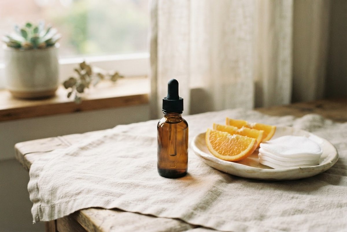 Amber glass dropper bottle, a cream ceramic dish with orange slices and white cotton pads on a linen cloth in soft morning light
