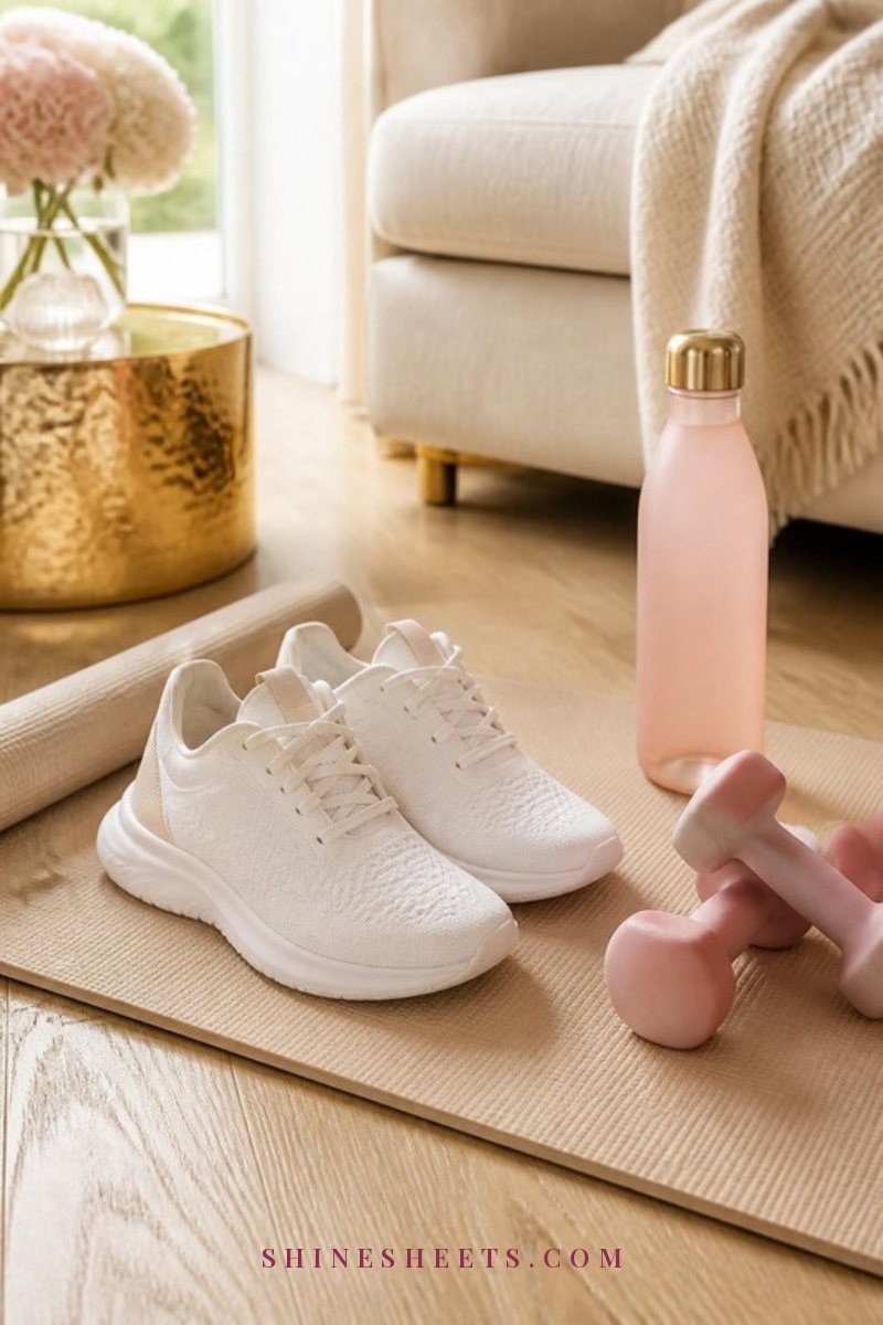 White women's walking sneakers, a beige non-slip yoga mat, pastel pink light dumbbells and a pastel water bottle on a light wooden floor in soft daylight