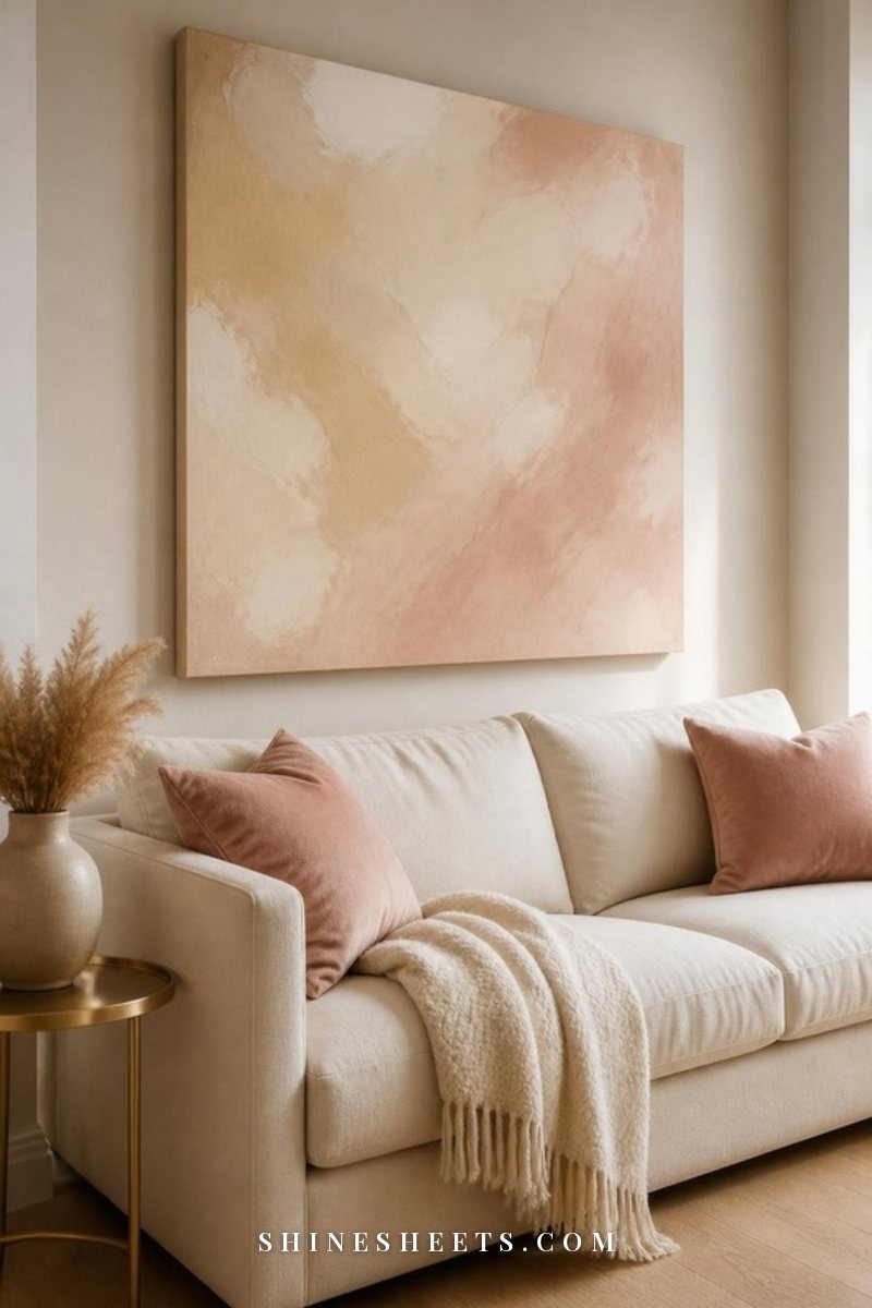 Large neutral abstract canvas in cream, beige and soft blush hanging above a cream linen sofa with blush pillows
