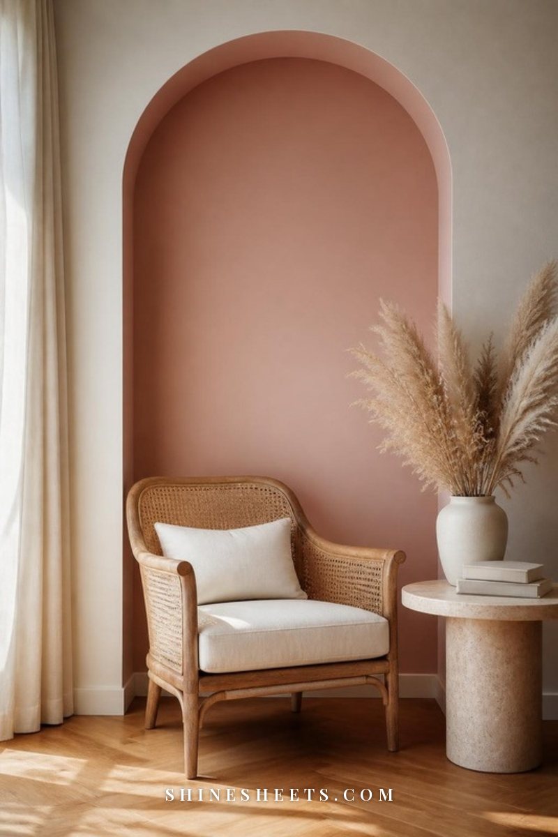 Painted blush arch on a cream wall framing a cane-back chair, a small round side table and a vase of dried pampas