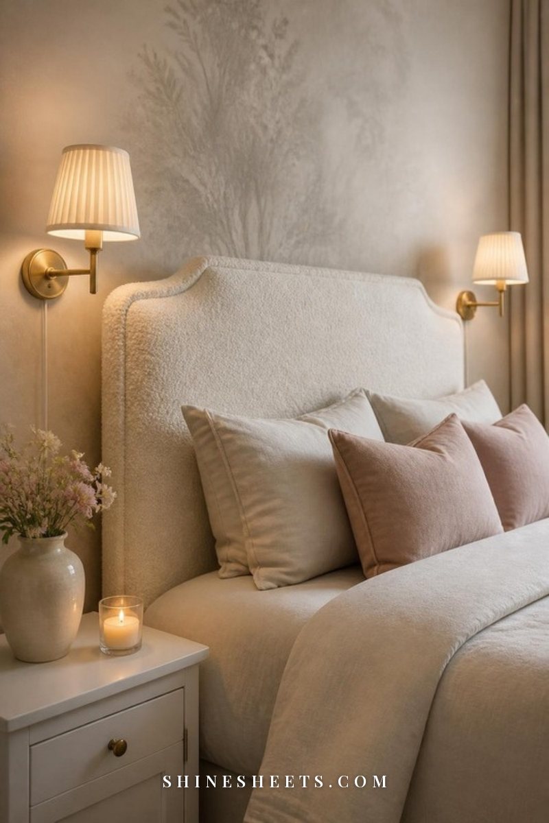 Pair of brass plug-in wall sconces with cream linen shades glowing on either side of an upholstered cream headboard