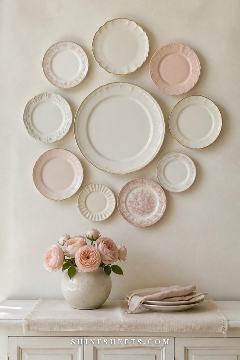 Plate wall of cream, white and blush scalloped and gold-rimmed vintage plates above a white sideboard