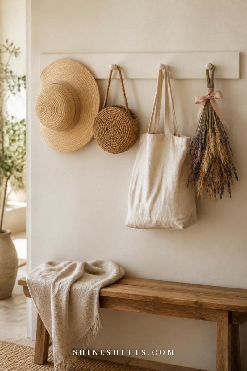 White Shaker peg rail on a cream wall holding a straw hat, a woven basket, a linen tote bag and a dried flower bundle