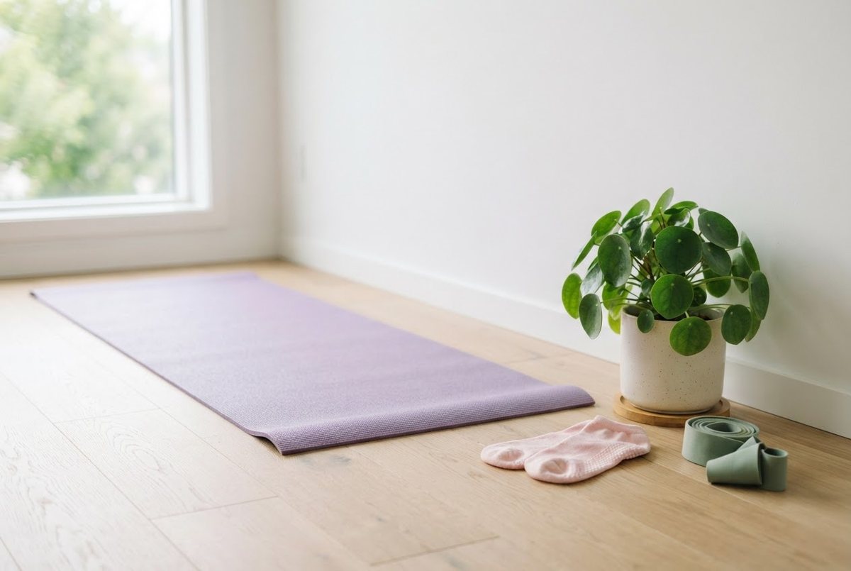 Lavender yoga mat rolled out next to a white wall with pastel grip socks and a sage resistance band beside a plant