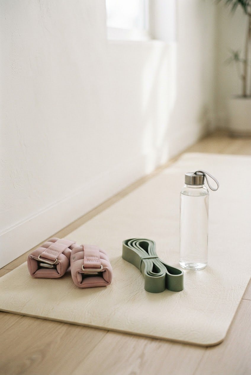Pastel ankle weights, a rolled sage resistance band and a glass water bottle on a cream mat by a white wall