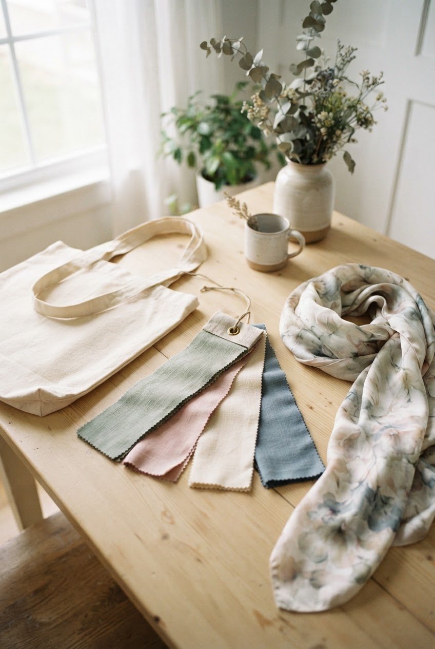 Fabric color swatches in sage, blush, cream and dusty blue fanned out beside a cream tote bag and a silk scarf