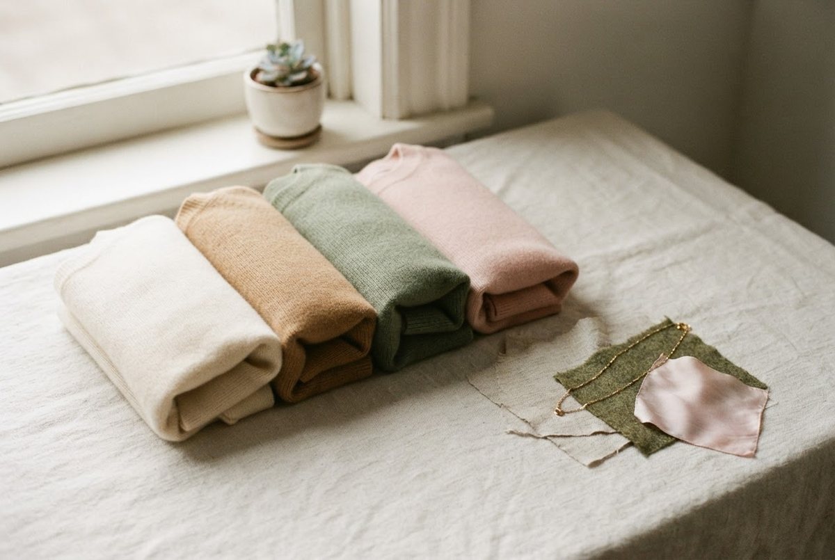 Folded cream, camel, sage and blush sweaters with fabric swatches and a gold necklace on a white linen surface