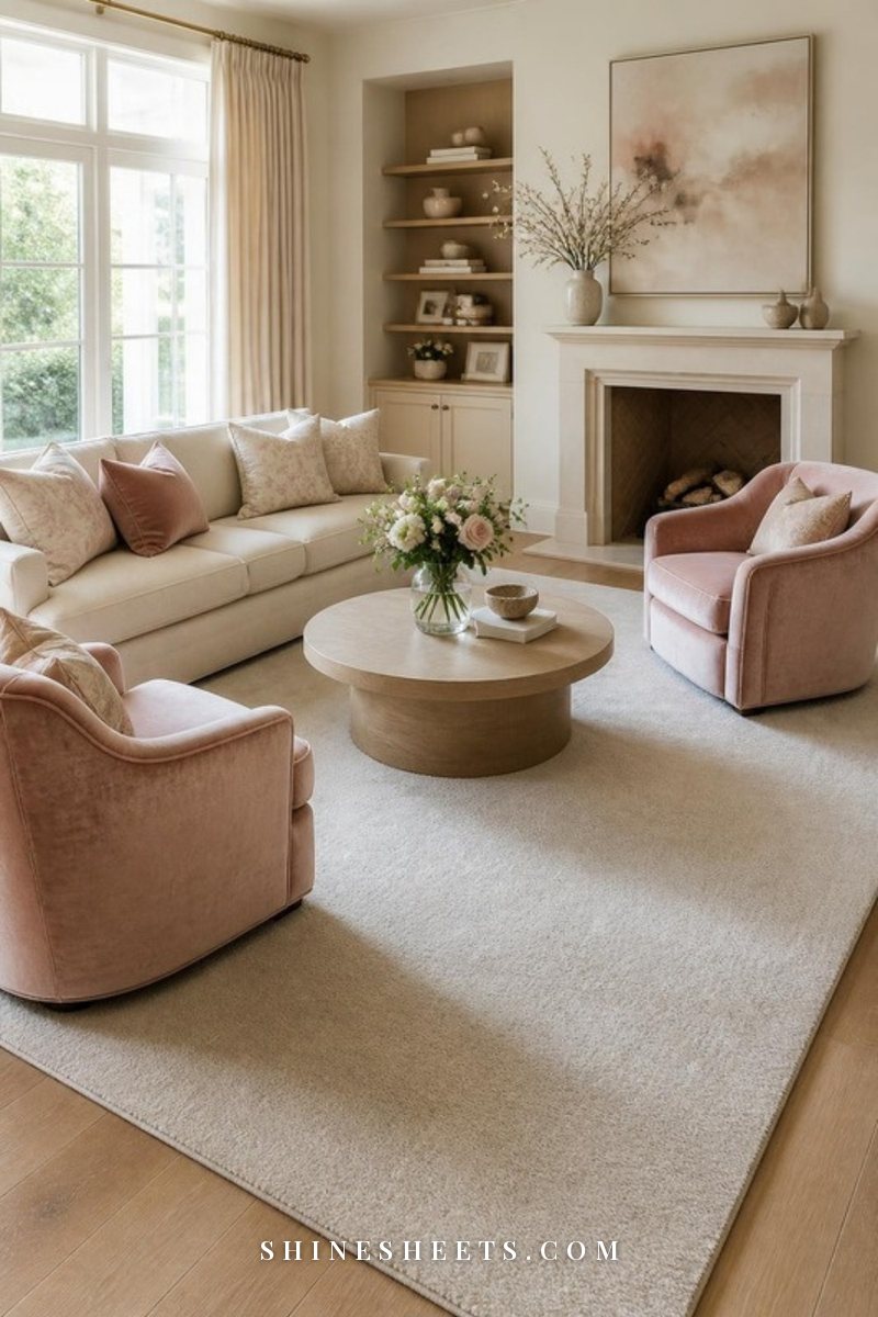 A bright rental living room with cream curtains, a wool rug and a knit throw over a beige armchair