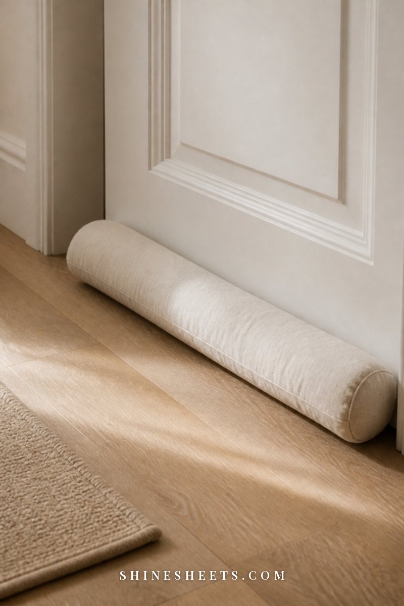 A cream fabric draft stopper resting at the base of a white interior door on a light wood floor