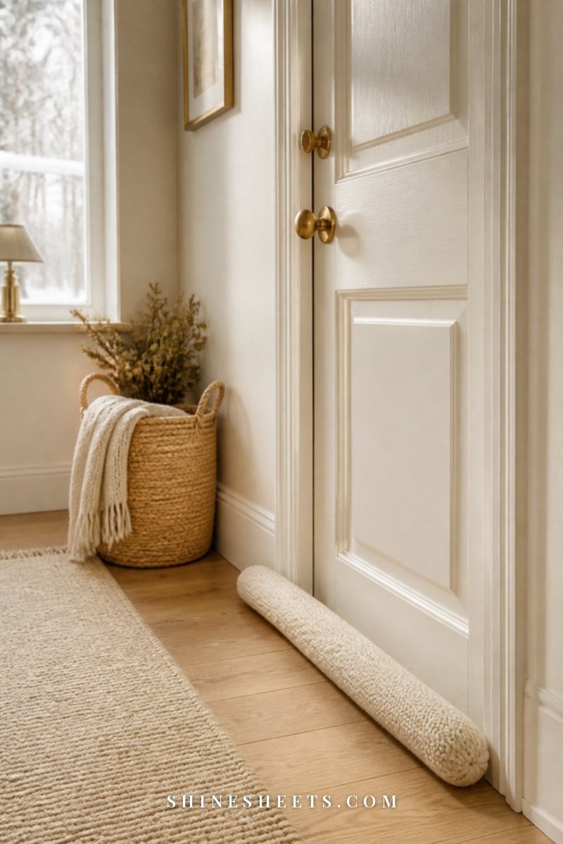 A cream front door with a soft knit draft stopper along the bottom in a bright, quiet hallway