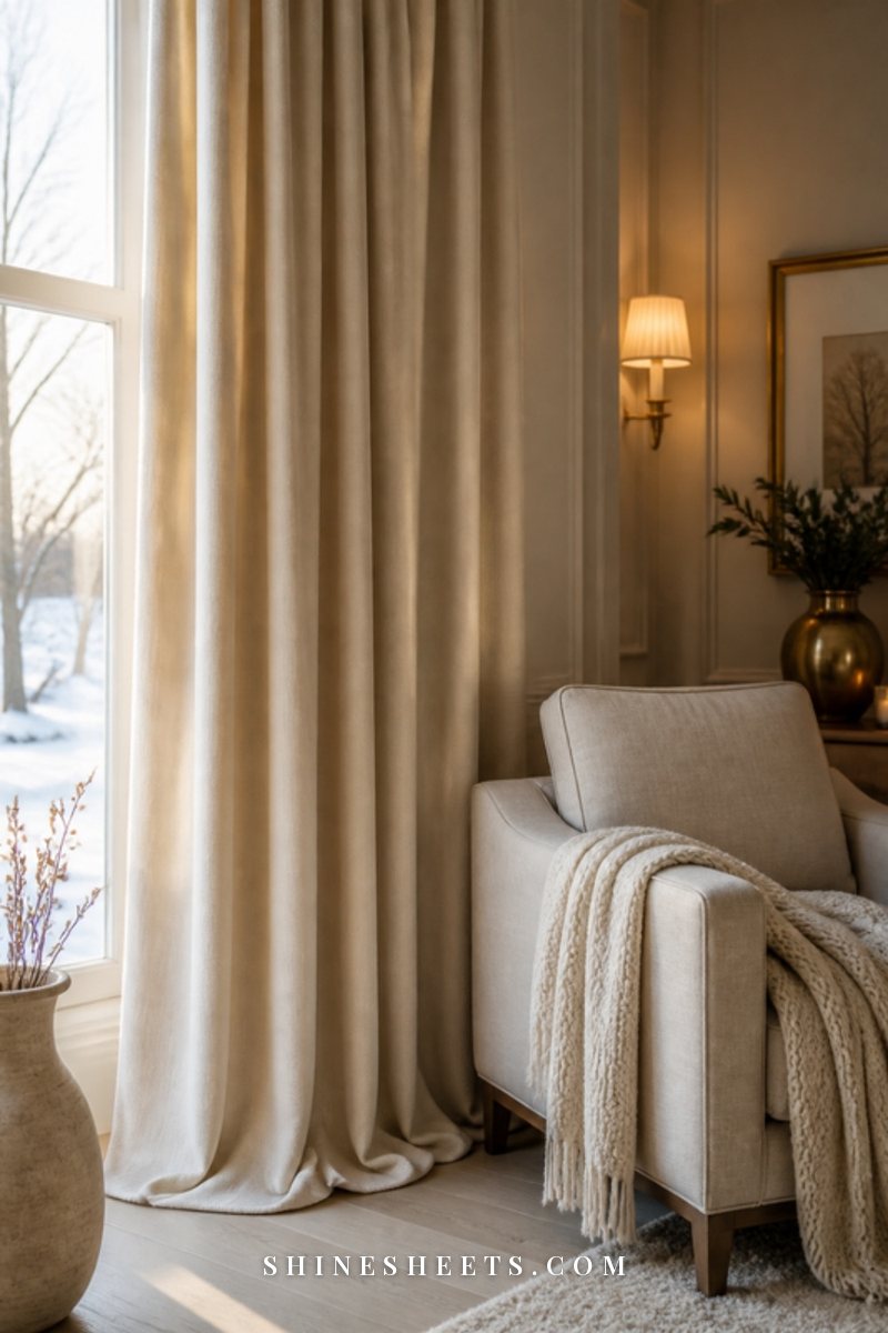 Heavy cream thermal curtains hung from ceiling height beside a window in a softly lit living room