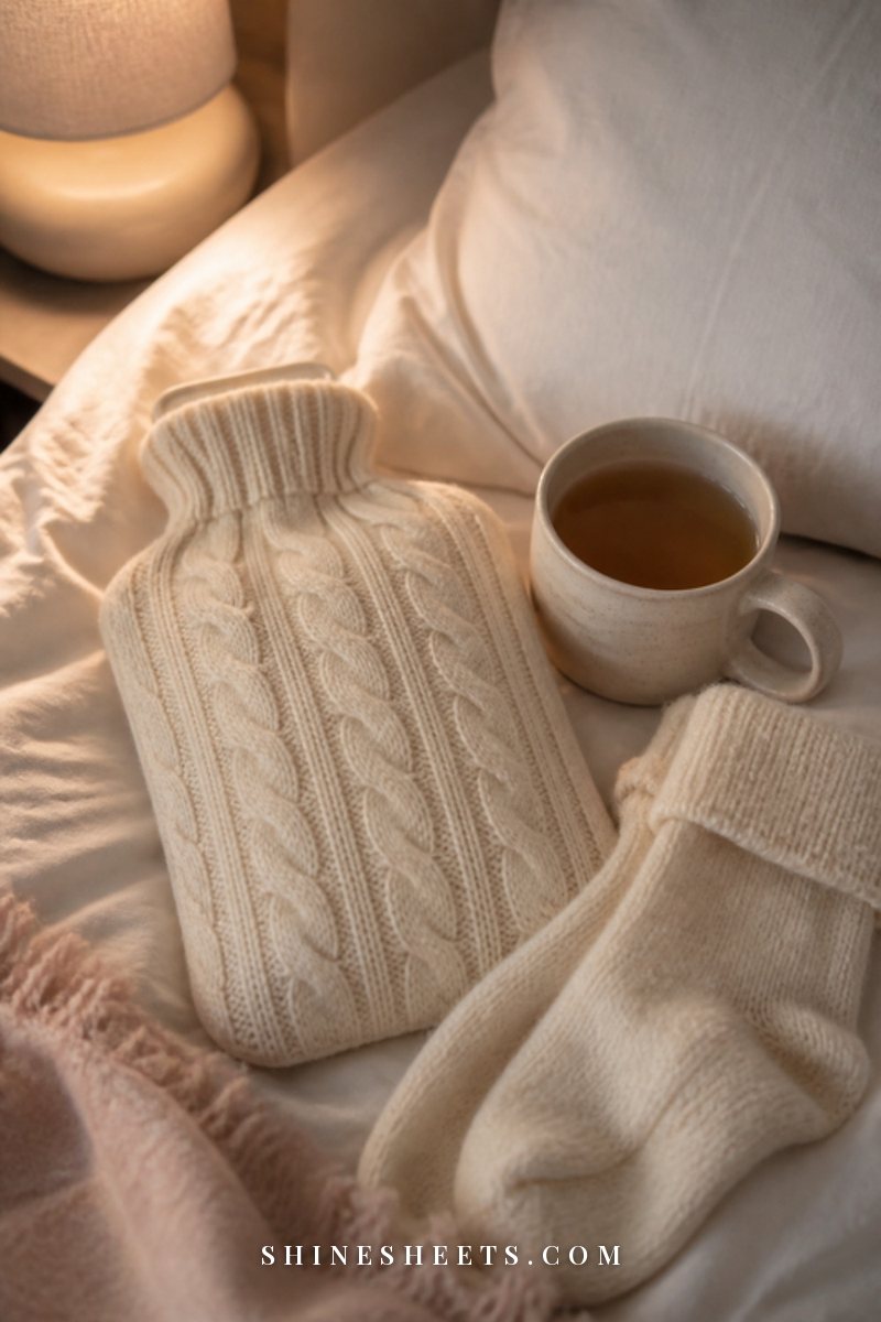 A hot water bottle in a cream knit cover beside a mug of tea and wool socks on a white bed