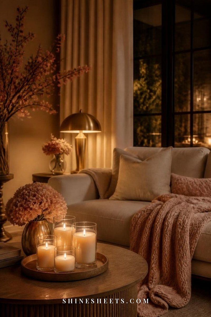 A softly lit living room corner with a warm table lamp, a knit throw on an armchair and glass candles