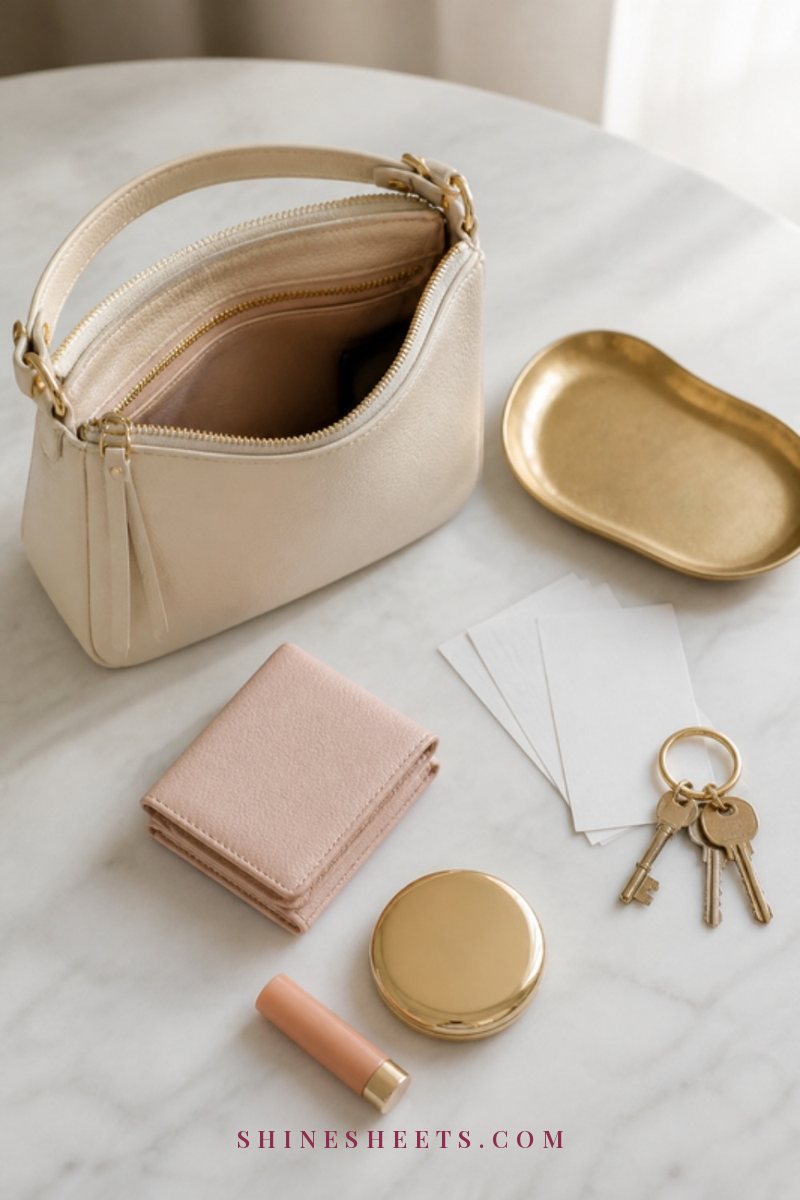 Neatly emptied cream leather handbag with its contents sorted into small piles on a white table