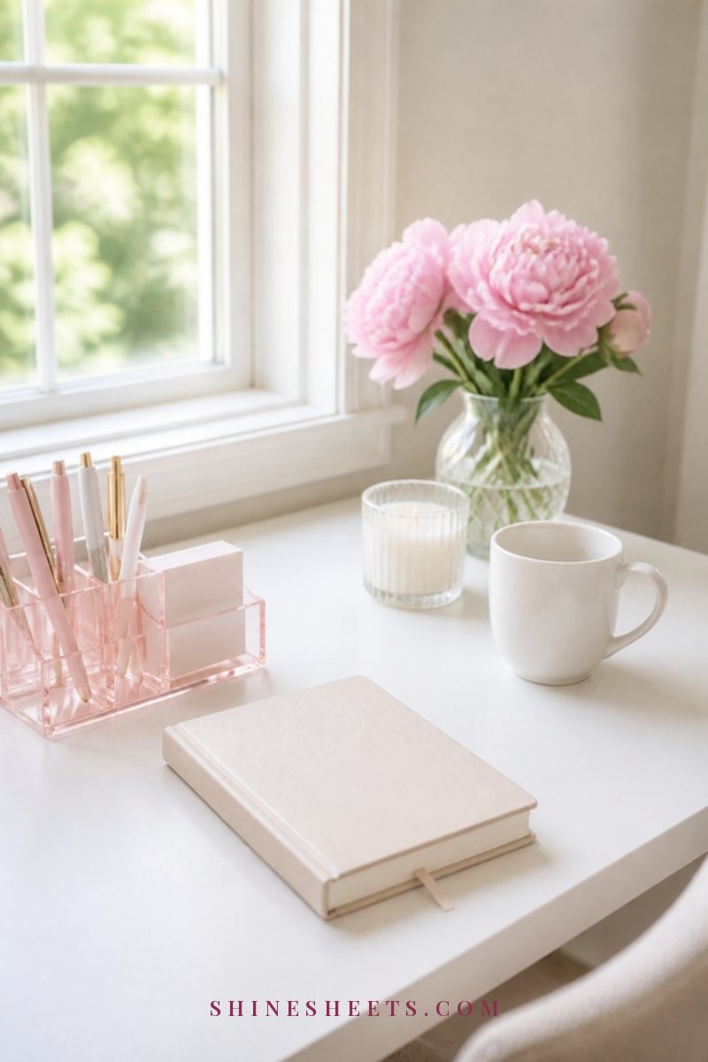 Tidy white desk with a blush desk organizer, a closed planner, a glass candle and a small vase of flowers