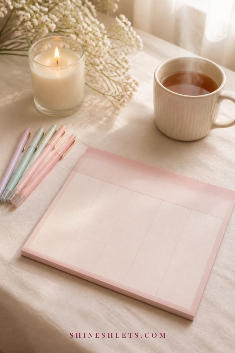 Weekly planner pad, pastel gel pens, a glass candle and a cup of tea on a cream linen tablecloth