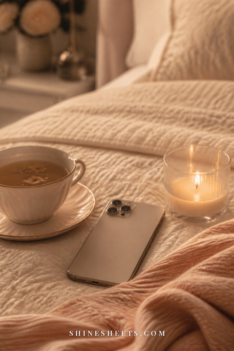 A phone lying face down on a cream bedspread next to a cup of tea and a glass candle in evening light