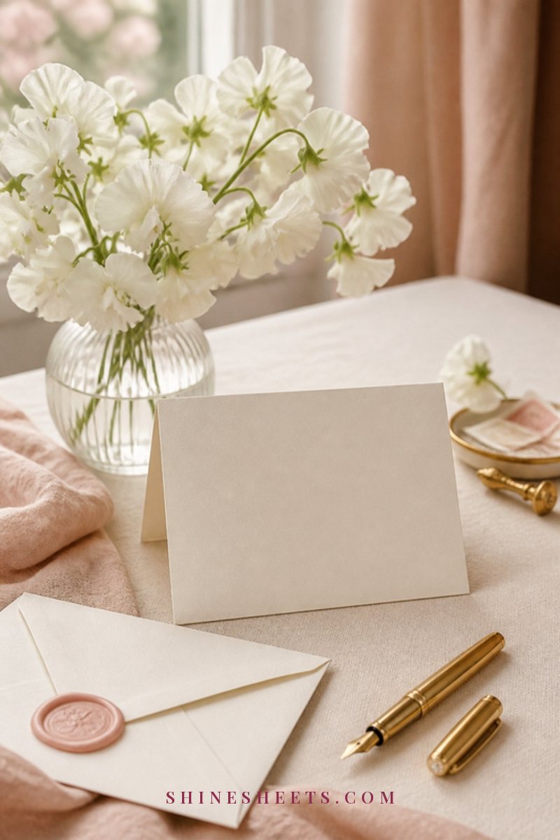A soft cream envelope and a blank folded card with a fountain pen on a linen desk beside white flowers