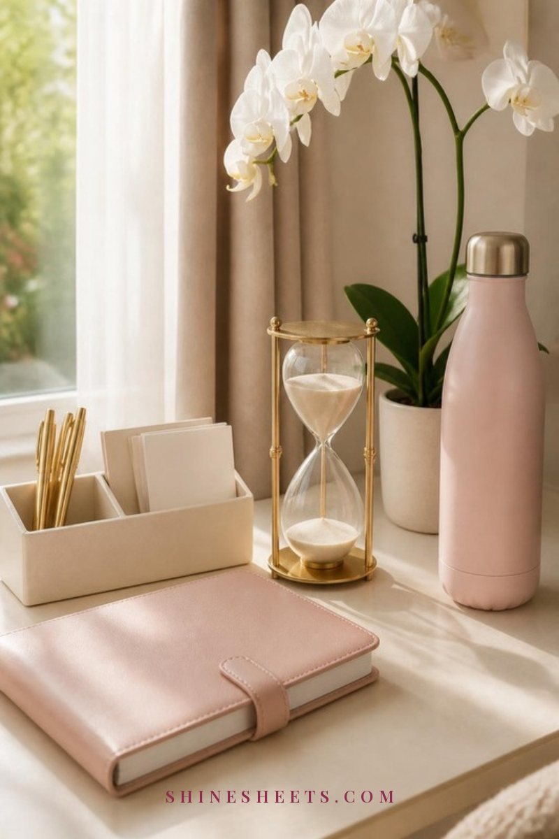 A tidy cream desk with a small potted white orchid and a blank card propped against a ceramic cup