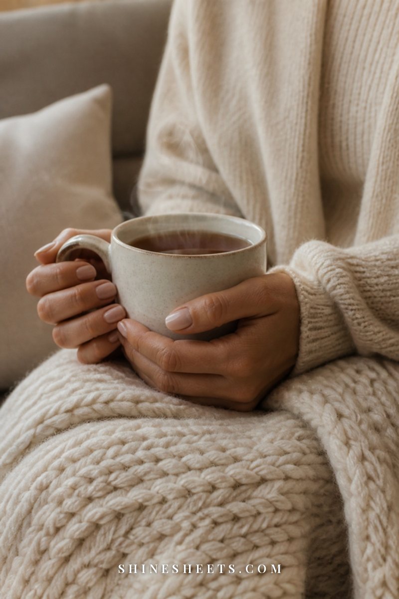 Two hands holding a warm ceramic mug of tea over a soft cream knit blanket
