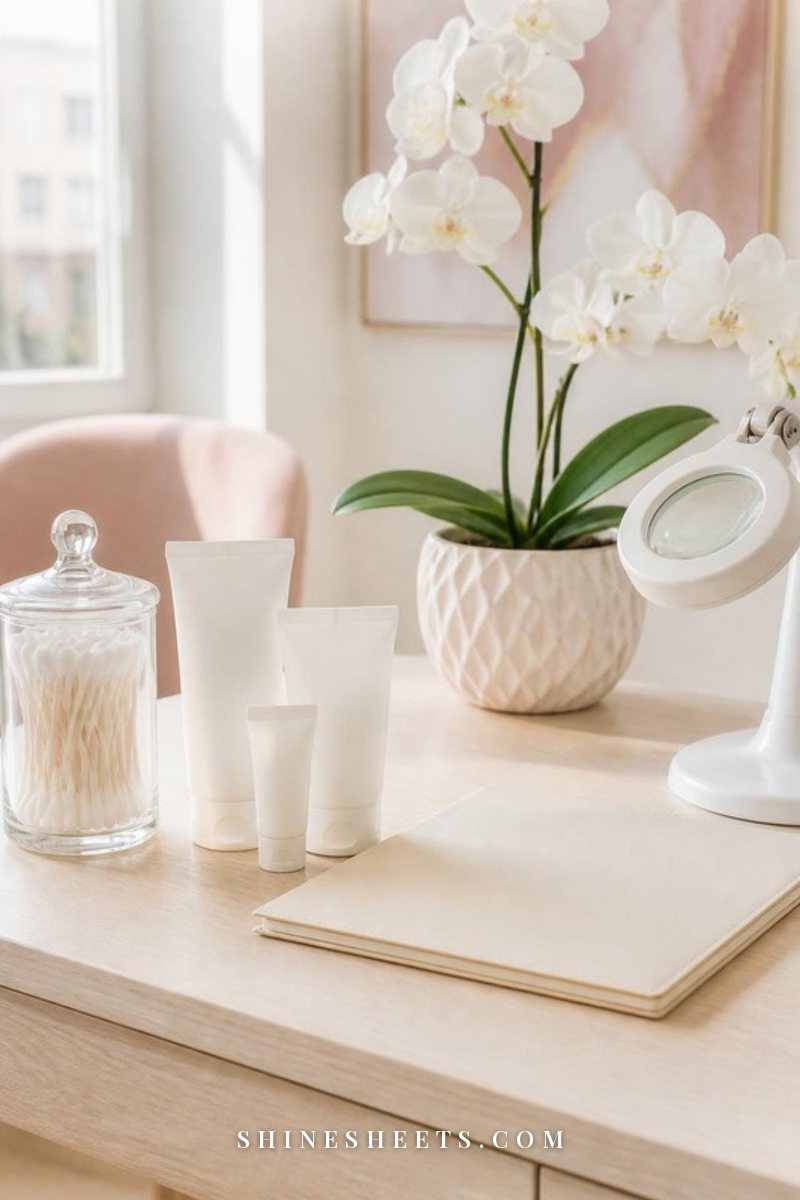 Calm dermatologist consultation desk with clean skincare tubes, cotton swabs and a soft cream folder