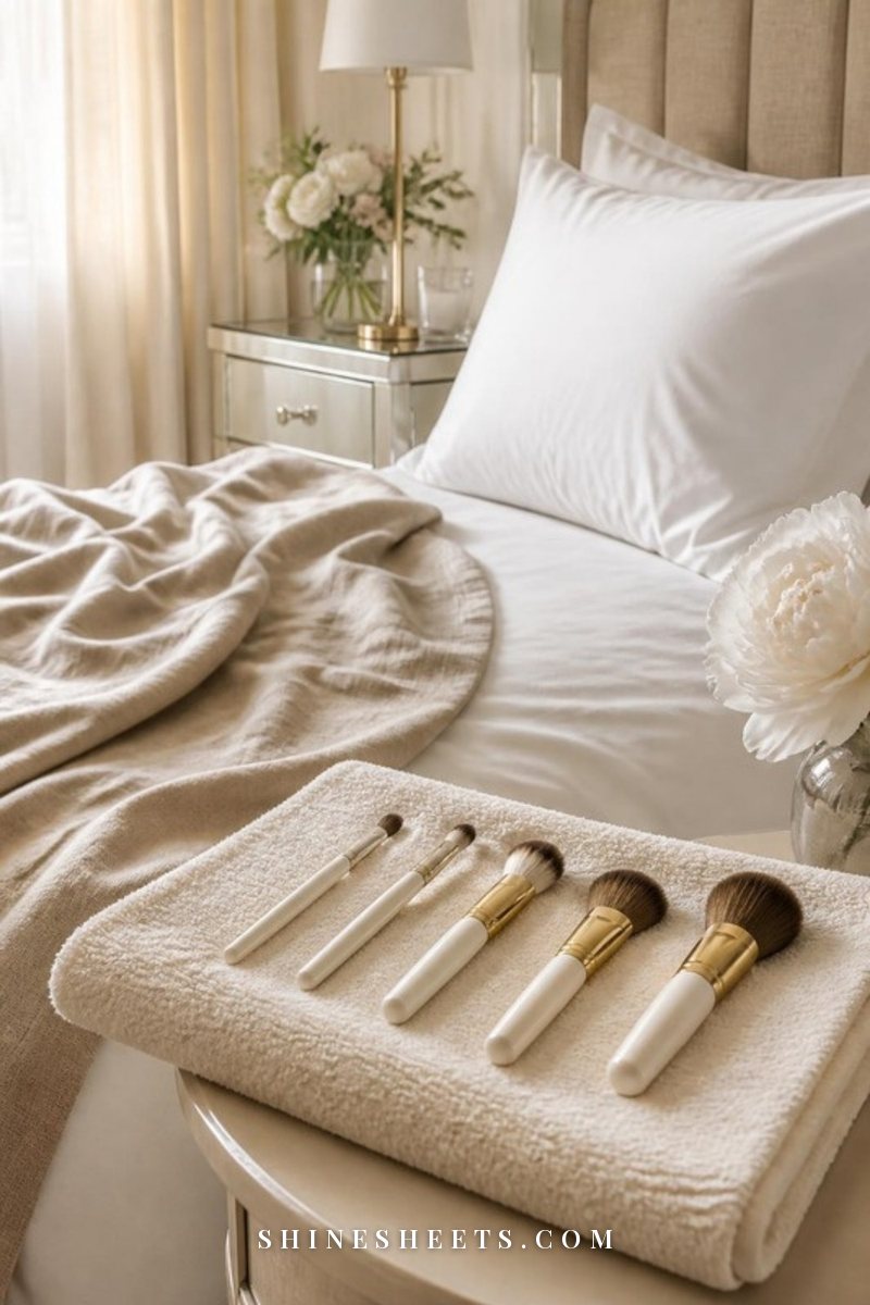 Freshly made bed with a crisp white pillowcase and clean makeup brushes drying on a folded cream towel