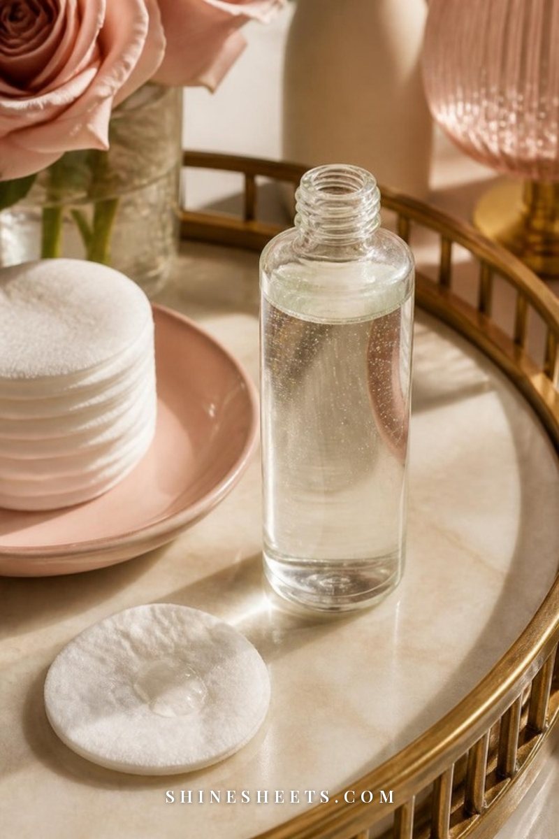 Glass bottle of clear liquid exfoliant with soft cotton pads on a blush ceramic dish