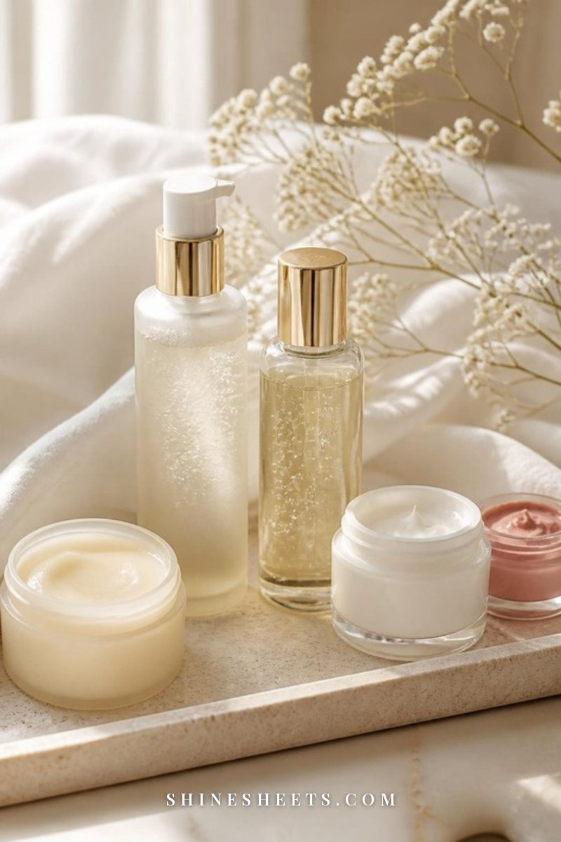 Minimal skincare routine for whiteheads: cleansing balm, gel cleanser, liquid exfoliant, moisturizer and clay mask on a cream tray