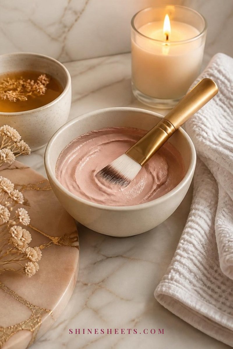 Soft pink clay mask in a small ceramic bowl with a flat mask brush on a white marble surface