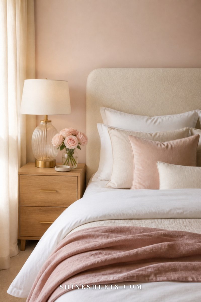 Bedroom with pale blush walls, a cream boucle headboard, white bedding and gold bedside lamp