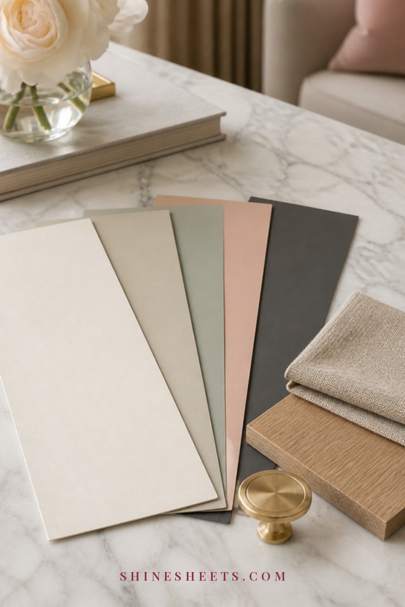 Paint swatches in cream, warm beige, soft sage and deep charcoal fanned out next to linen and oak samples on a white table