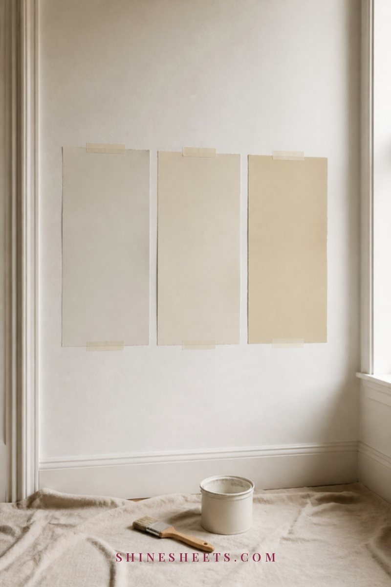Three large painted sample sheets in cream, warm white and beige taped side by side on a wall with blue painter's tape
