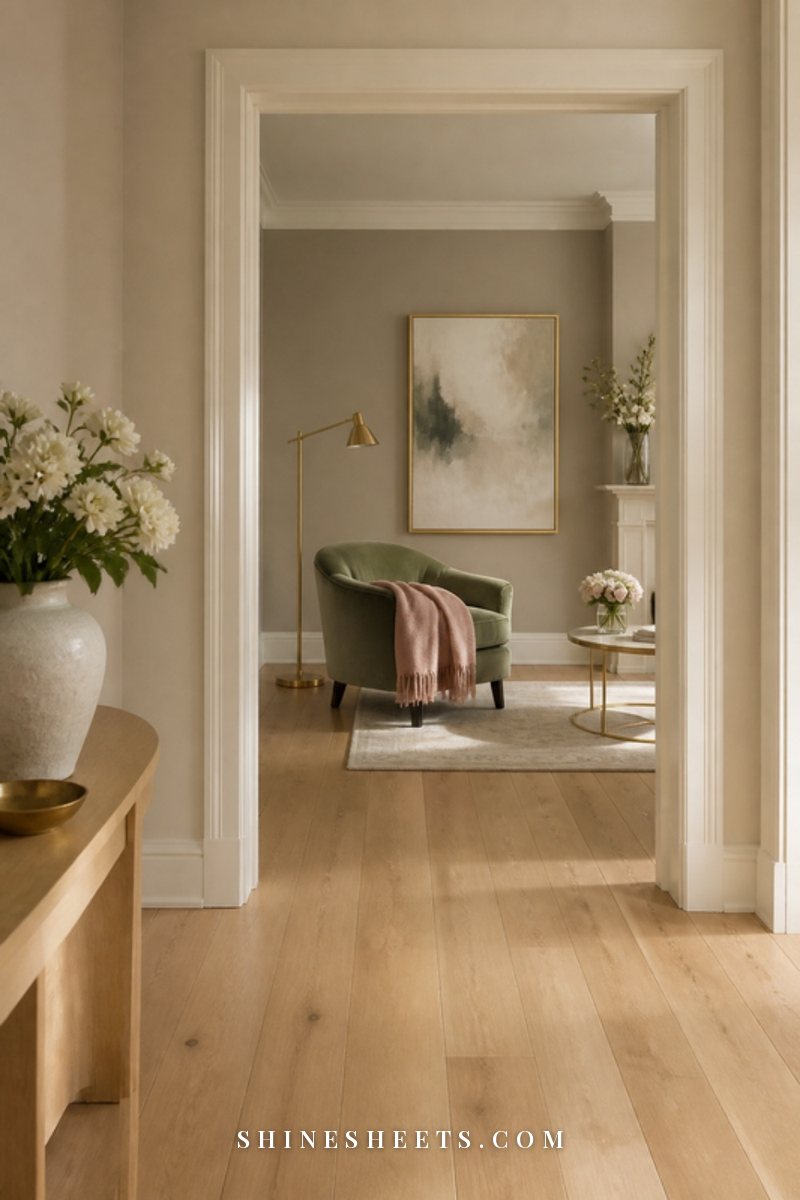 View from a cream hallway into a living room with greige walls, a sage armchair and a soft blush throw