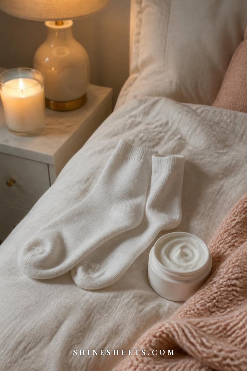 Bedside table with a glass candle, a jar of body balm, cream socks and a cup of evening tea